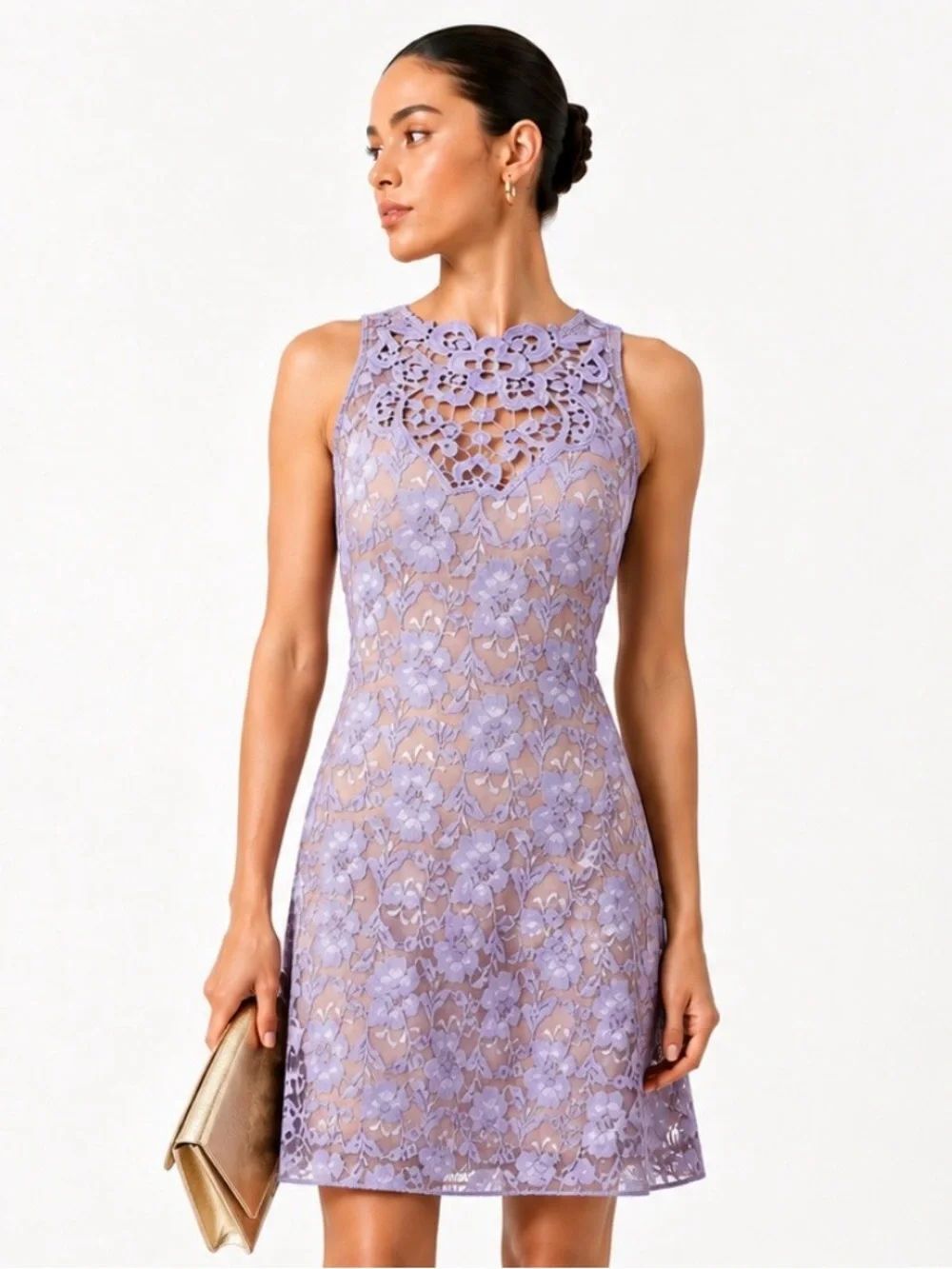 DRESS THE POPULATION Sleeveless Lavender Lace A-Line Dress Size Medium